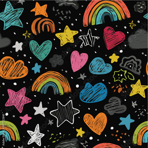Quadro em tela Kids doodle seamless pattern, playful hand drawn shapes