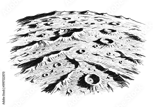 Detailed illustration of a cratered lunar surface with dramatic shadows and light