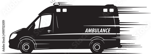 Black ambulance vector icon, emergency vehicle graphic, speeding transport illustration, medical response symbol