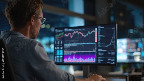 Analyzing Stock Market Data: A focused individual analyzes intricate financial data, illuminated by the glow of computer screens, navigating the complexities of the stock market.