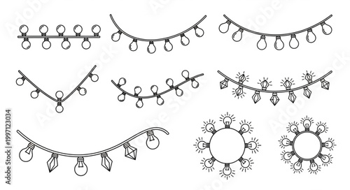 Collection of Hand Drawn Christmas Light Strings and Wreaths.