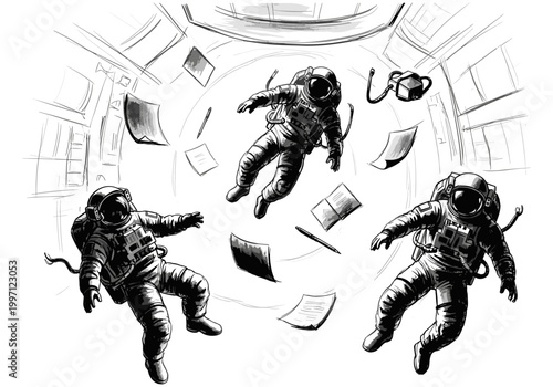 Three astronauts floating in zero gravity inside a space station with papers scattered