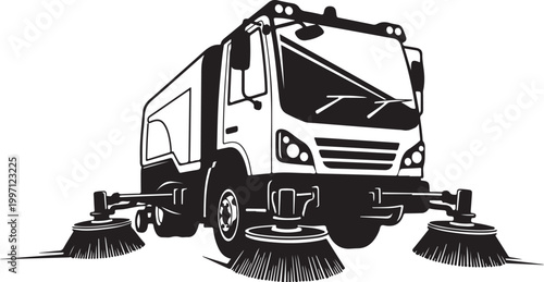 Street Sweeper Truck, Road Cleaning Vehicle, Urban Maintenance, Black and White Illustration, Vector Graphic
