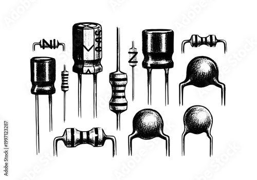 Collection of electronic components including resistors and capacitors in a sketch style