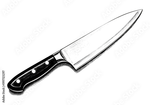 Sharp chef's knife with a black handle and rivets on a white background