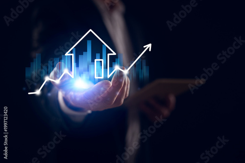 Real estate investment energy efficiency rating and property value, Real estate online. new home for the family, home search, land price, property tax man using tablet working with virtual chart