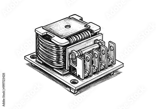 Detailed isometric illustration of an electrical relay with multiple terminals and coil