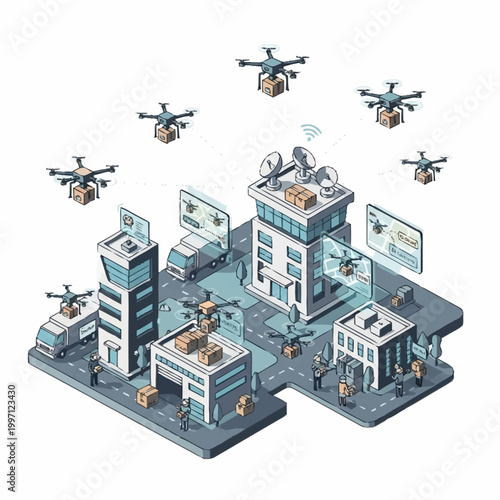 Isometric illustration of a futuristic city with drones and delivery services.