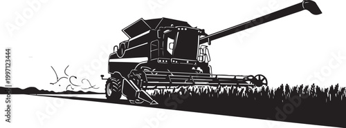 Black and white combine harvester vector, agricultural machinery illustration, farming equipment, rural landscape