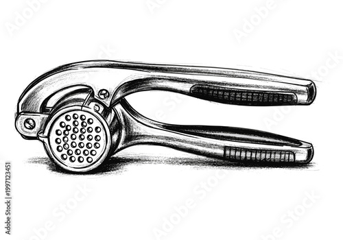 Detailed sketch of a modern stainless steel garlic press on a white background