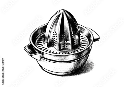 Detailed sketch of a citrus juicer with a bowl for collecting juice