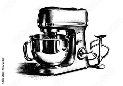 Detailed sketch of a modern stand mixer with attachments on a white background