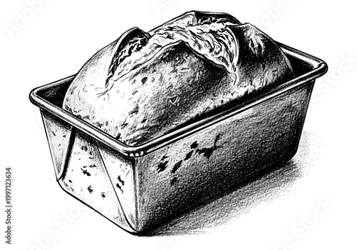 Artistic sketch of a freshly baked loaf of bread in a metal baking pan