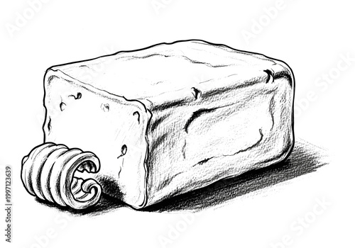 Hand-drawn illustration of a butter block with a curl on a white background