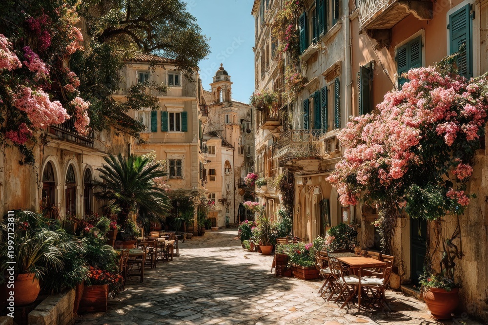 Fototapeta premium Charming European Street with Blooming Flowers and Cozy Cafe