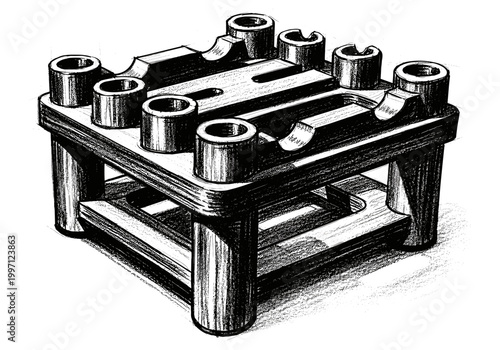 Detailed sketch of a complex mechanical component with cylindrical features