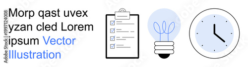 Productivity, time tracking, innovation, workflow, organization, planning. A clipboard with a checklist, a light bulb and a clock. Productivity and time tracking symbols for efficient workflow