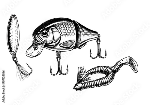 Collection of three different fishing lures including a spoon, crankbait, and worm lure