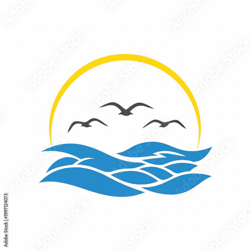 Ocean waves logo with handmade-style birds flying under a warm sunrise symbol for beach and travel branding