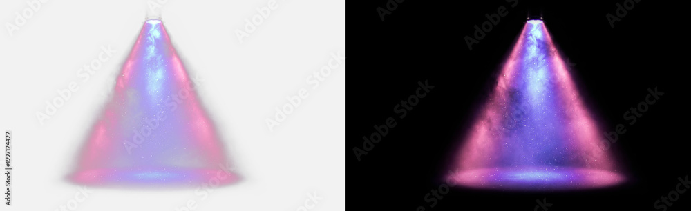 Fototapeta premium Purple pink blue spotlight cone isolated on transparent background, colorful stage light beam with smoke fog particles, concert disco nightclub illumination effect overlay PNG
