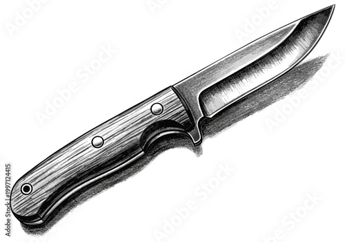 Detailed illustration of a classic fixed blade knife with a wooden handle