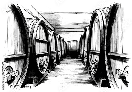 Row of wooden wine barrels aging in a cellar, illustrated in black and white
