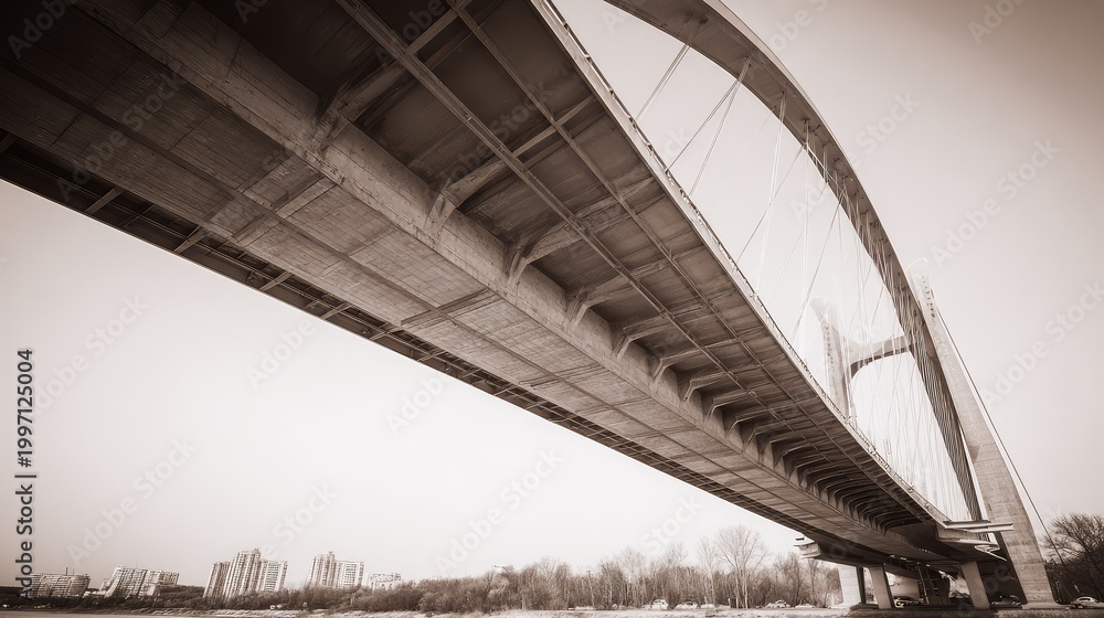 Fototapeta premium Concrete steel arch bridge infrastructure over urban river