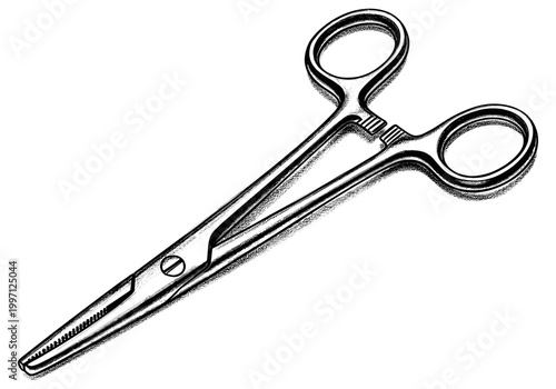 Detailed illustration of surgical hemostat forceps on a white background