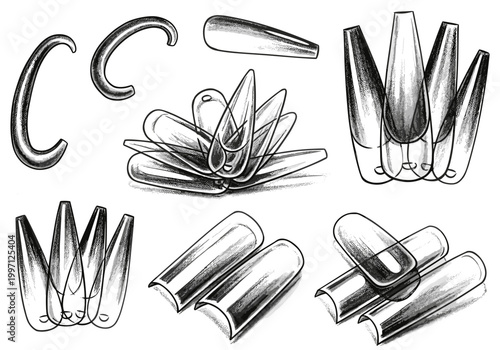 Collection of artistic sketches of various nail extension shapes and tools