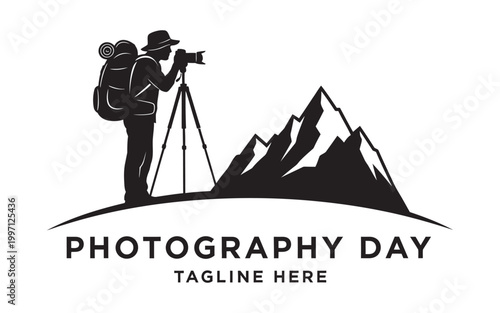 Professional landscape photographer with backpack and tripod on mountain peak vector logo design for world photography day World Photography Day