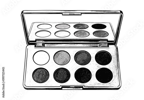 Open makeup palette with eight shades of eyeshadow in a silver case