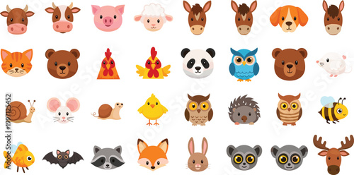 Cute Animal Icon Set Featuring Farm and Wild Animals Including Cow, Pig, Dog, Bear, Fox, Owl and Cartoon Creatures for Kids Design.