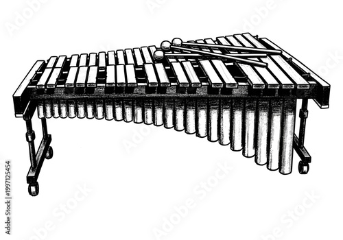 Black and white illustration of a marimba with mallets resting on top