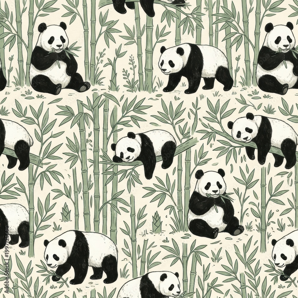 Obraz premium Pandas Interacting With Bamboo in a Playful Pattern on a Textured Background During Daylight Hours