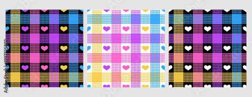 Seamless plaid pattern with colorful and white cute hearts. Gingham check geometric texture for tablecloth design, textile print, valentine's day. Vichy square background with checkered wallpaper