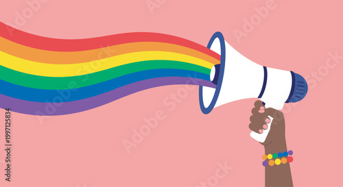 Inclusive diversity concept hand holding megaphone with rainbow spectrum representing pride and equality vector illustration World Photography Day
