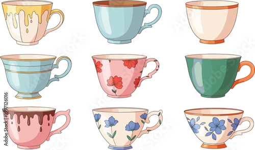 Vintage Teacup Illustration Set Featuring Floral Ceramic Cups, Elegant Retro Drinkware and Decorative Coffee Tea Mugs for Classic Kitchen Design.