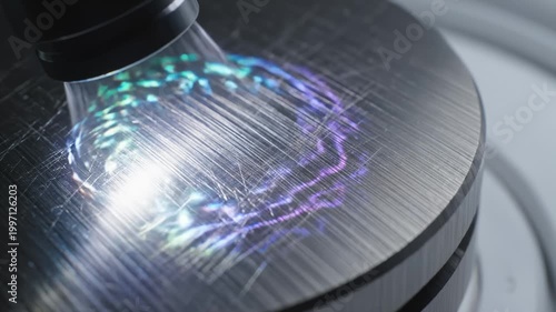 Laser Light Beam Scanning Scratched Metal Surface, Creating Dynamic Iridescent Pattern