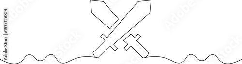 A minimalist line drawing of crossed swords above a wavy line
