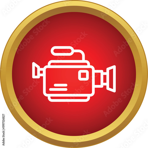 Videocamera outline icon representing recording and broadcasting on a red circle