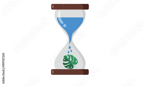 Hourglass with water and monstera leaf for ecology concept