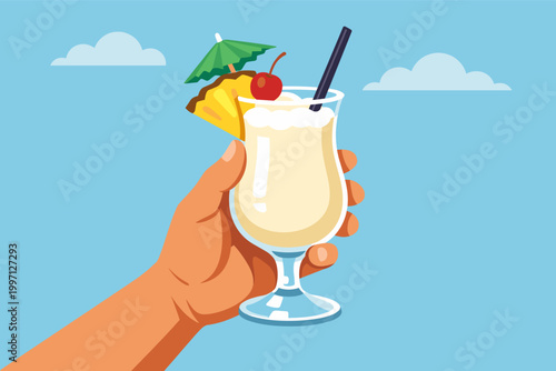 Hand Holding Tropical Pina Colada Cocktail with Pineapple Slice, Cherry and Umbrella against Blue Sky with Clouds. Flat Vector Illustration of Refreshing Summer Drink for Vacation and Beach Party