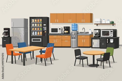 Modern Office Breakroom and Kitchen Area with Appliances, Vending Machine, Refrigerator, Microwave, Coffee Maker, Water Cooler, Sink, Cabinets, Dining Tables and Colorful Chairs Vector Illustration