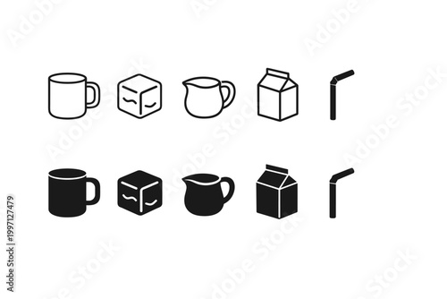 Set of black coffee and beverage icons featuring a mug, ice cube, creamer pitcher, milk carton, and drinking straw in outline and solid silhouette styles for cafe menu design, web graphics, and UI.