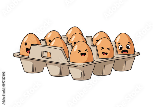 Cute cartoon eggs with faces in a carton, expressing various emotions