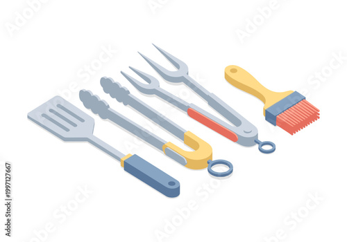 Set of isometric barbecue grilling tools including spatula, tongs, and basting brush
