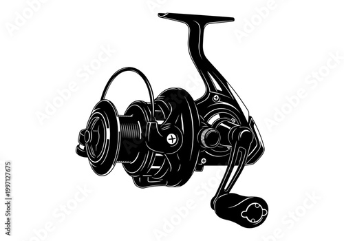 Detailed illustration of a spinning fishing reel with a black and white design