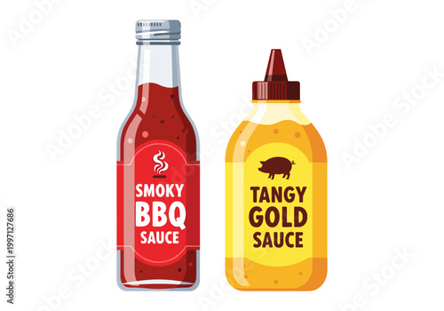Two bottles of barbecue sauce, one smoky red and one tangy gold