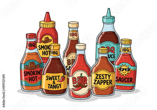 Collection of assorted BBQ sauce bottles with fun, cartoonish labels
