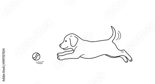 Playful puppy running after a ball, line art, white background, happy dog illustration